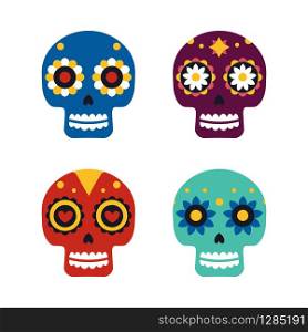 Sugar mexican skulls for Dia De Los Muertos holiday party. Traditional mexican Halloween design for Day of the dead. Ornament from Mexico. Sugar mexican skulls for Dia De Los Muertos holiday party. Traditional mexican Halloween design for Day of the dead. Ornament from Mexico.