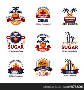 Sugar product logo templates of package design. Vector icons of granulated white sugar from natural sugarcane and beet. Sugar product logo templates of package design. Vector icons