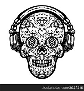 Sugar skull with headphones. Design element for poster, card, print, emblem, sign. Vector image. Sugar skull with headphones. Design element for poster, card, print, emblem, sign.