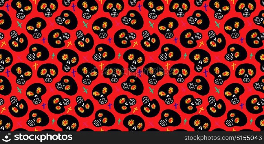 Sugar skulls seamless pattern. Background with multicolored traditional Mexican calaveras or sugar skulls for Day of Dead. Seamless pattern with sugar skulls