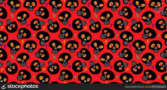 Sugar skulls seamless pattern. Background with multicolored traditional Mexican calaveras or sugar skulls for Day of Dead. Seamless pattern with sugar skulls