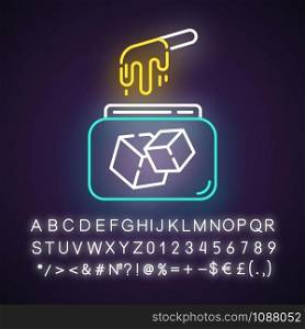 Sugar waxing neon light icon. Natural soft cold wax in jar with spatula. Hair removal equipment. Tools for depilation. Glowing sign with alphabet, numbers and symbols. Vector isolated illustration