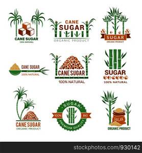 Sugarcane manufacturing. Sweets plants production farm industry leaf vector badges or labels with place for your text. Illustration of eco agriculture production sugar. Sugarcane manufacturing. Sweets plants production farm industry leaf vector badges or labels with place for your text