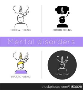 Suicidal feeling icon. Depressive thoughts. Vulnerable person. Pain and worry. Anxiety. Death attempt prevention. Mental health. Flat design, linear and color styles. Isolated vector illustrations
