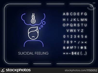 Suicidal feeling neon light icon. Depressive thoughts. Hang attempt. Death attempt. Mental health. Psychological issue. Glowing sign with alphabet, numbers and symbols. Vector isolated illustration