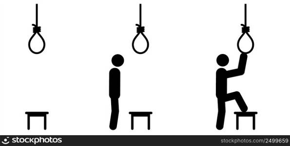 Suicide by hanging. Gallows with rope noose. Rope loop. Gallows hanging noose rope and tied knot. Rope knotted in noose. Hangman knot. Suport and depression therapy suicide concept.
