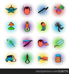 Suicide icons set in comics style isolated on white background. Suicide icons set