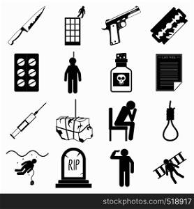 Suicide icons set in simple style on a white background. Suicide icons set, simple style