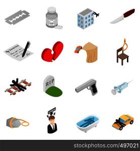 Suicide isometric 3d icons set isolated on white background. Suicide isometric 3d icons