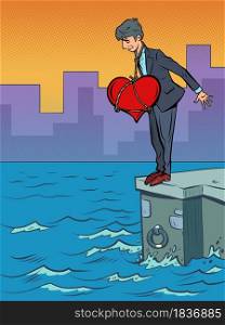 Suicide man in love with a big heart as a load is about to rush into the river. Cartoon comic book pop art illustration drawing. Suicide man in love with a big heart as a load is about to rush into the river