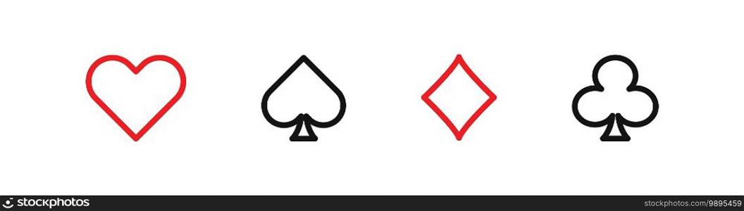 Suit poker cards lines icons set on flat style, vector isolated illustration