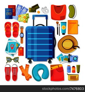 Suitcase and contents flat icons composition of isolated images with personal belongings of summer vacation traveller vector illustration