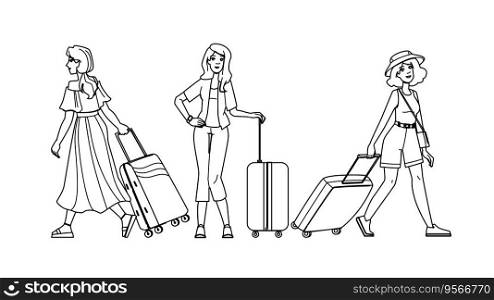 suitcase baggage woman vector. tourist girl, luggage female, tourism passenger suitcase baggade woman character. people black line illustration. suitcase baggage woman vector