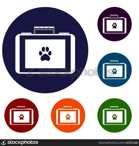 Suitcase for animals icons set in flat circle reb, blue and green color for web. Suitcase for animals icons set