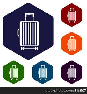 Suitcase on wheels icons set rhombus in different colors isolated on white background. Suitcase on wheels icons set
