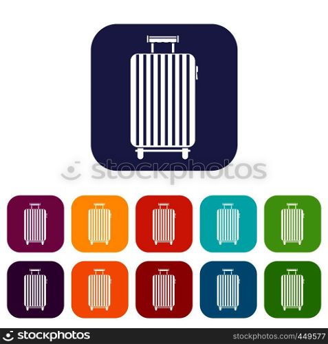 Suitcase on wheels icons set vector illustration in flat style In colors red, blue, green and other. Suitcase on wheels icons set flat