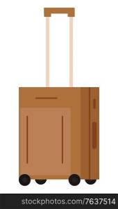Suitcase on wheels, isolated object. Baggage or luggage, summer vacations abroad, journey or trip, leather bag with handle and pockets on zipper. Vector illustration in flat cartoon style. Baggage or Luggage, Suitcase on Wheels, Tourism
