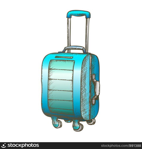 Suitcase On Wheels With Handle Color Vector. Standing Modern Tourist Suitcase Package For Business Trip. Voyage Luggage For Baggage Hand Drawn In Retro Style Illustration. Suitcase On Wheels With Handle Color Vector