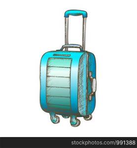 Suitcase On Wheels With Handle Color Vector. Standing Modern Tourist Suitcase Package For Business Trip. Voyage Luggage For Baggage Hand Drawn In Retro Style Illustration. Suitcase On Wheels With Handle Color Vector