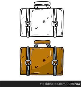 Suitcase. Set of brown, black and white Travel bag. Business briefcase. Icon of tour for the app. Sketch doodle cartoon illustration. Suitcase. Set of brown bag. Business briefcase.