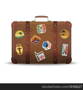 Suitcase stickers. Old retro luggage with travel badges vintage antique package vector picture. Suitcase with travel badge sticker, travel vacation label illustration. Suitcase stickers. Old retro luggage with travel badges vintage antique package vector picture
