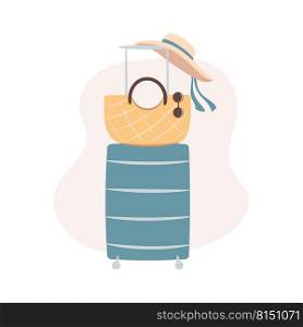 Suitcase with straw bag and a hat. Travel concept illustration.