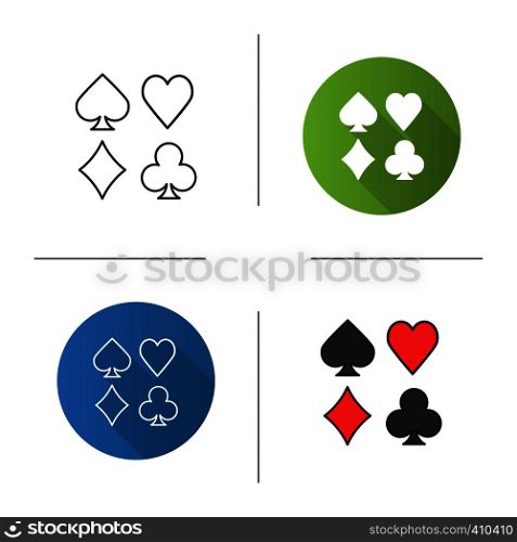 Suits of playing cards icon. Flat design, linear and color styles. Isolated vector illustrations. Suits of playing cards icon