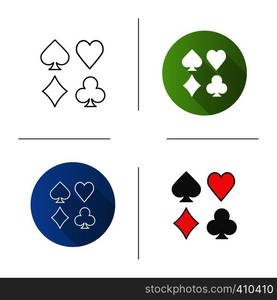 Suits of playing cards icon. Flat design, linear and color styles. Isolated vector illustrations. Suits of playing cards icon