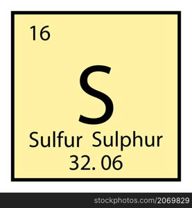 Sulfur chemical icon. Periodic table symbol. Isolated sign. Light yellow background. Vector illustration. Stock image. EPS 10.. Sulfur chemical icon. Periodic table symbol. Isolated sign. Light yellow background. Vector illustration. Stock image.