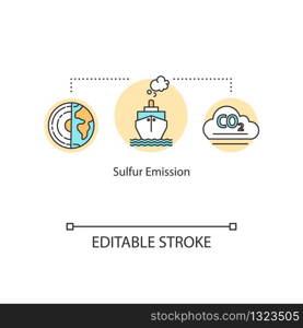 Sulfur emission concept icon. Smoke from ship pipes. Global impact from fuel combustion. Air pollution with CO2 idea thin line illustration. Vector isolated outline RGB color drawing. Editable stroke