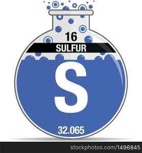 Sulfur symbol on chemical round flask. Element number 16 of the Periodic Table of the Elements - Chemistry. Vector image