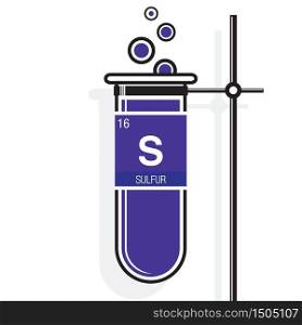 Sulfur symbol on label in a violet test tube with holder. Element number 16 of the Periodic Table of the Elements - Chemistry
