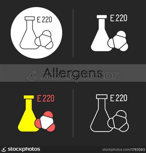 Sulphites dark theme icon. Chemical formula. Food additives as common cause of allergic reaction. Dangerous allergen. Linear white, simple glyph and RGB color styles. Isolated vector illustrations. Sulphites dark theme icon