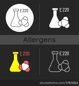 Sulphites dark theme icon. Chemical formula. Food additives as common cause of allergic reaction. Dangerous allergen. Linear white, simple glyph and RGB color styles. Isolated vector illustrations. Sulphites dark theme icon