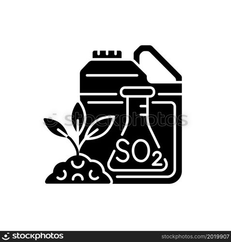 Sulphur fertilizer black glyph icon. Plants and crop nourishing. Growth and fertility increasing. Chemical element and additive. Silhouette symbol on white space. Vector isolated illustration. Sulphur fertilizer black glyph icon