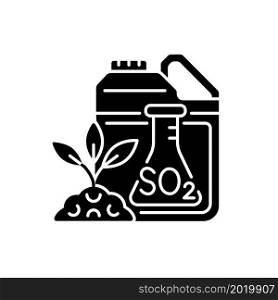 Sulphur fertilizer black glyph icon. Plants and crop nourishing. Growth and fertility increasing. Chemical element and additive. Silhouette symbol on white space. Vector isolated illustration. Sulphur fertilizer black glyph icon