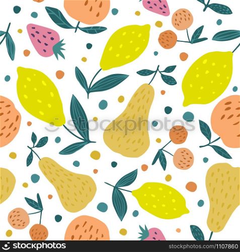 Sumer fruits seamless pattern. Cherry berries, apples, lemons, pears and leaves hand drawn wallpaper. Funny sweet garden fruits design for fabric, textile print, wrapping paper, children textile.. Sumer fruits seamless pattern. Cherry berries, apples, lemons, pears and leaves