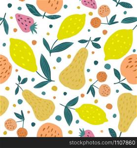 Sumer fruits seamless pattern. Cherry berries, apples, lemons, pears and leaves hand drawn wallpaper. Funny sweet garden fruits design for fabric, textile print, wrapping paper, children textile.. Sumer fruits seamless pattern. Cherry berries, apples, lemons, pears and leaves