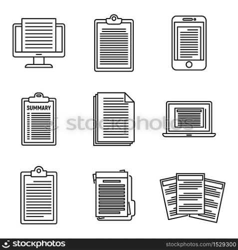 Summary text icons set. Outline set of summary text vector icons for web design isolated on white background. Summary text icons set, outline style