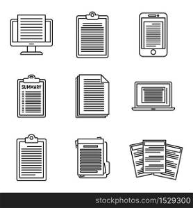 Summary text icons set. Outline set of summary text vector icons for web design isolated on white background. Summary text icons set, outline style