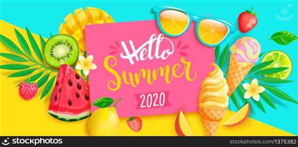 Summer 2020 bright greeting banner. Sweet symbols of hot season - ice cream, watermelon, mango and kiwi, strawberry and tropical leaves on two colors geometric background.Vector Illustration.. Summer 2020 bright greeting banner.