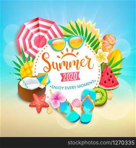 Summer 2020 greeting banner. Bright symbols of hot season - ice cream cocktail, watermelon, mango and kiwi, tropical leaves. Promo template for your design, web, advertise.Vector Illustration.. Summer 2020 greeting banner.