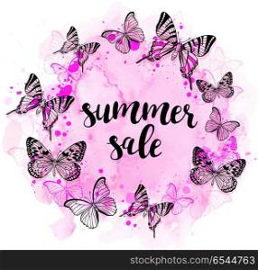 Summer abstract background with butterflies and pink watercolor texture for seasonal sale. Summer abstract background with butterflies