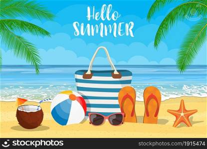 Summer accessories for the beach. Bag, sunglasses, flip flops, starfish, ball. Against the background of the sun the sea and palm trees. Vector illustration in flat style. Summer accessories for the beach.