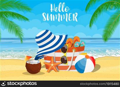 Summer accessories for the beach. Bag, sunglasses, flip flops, starfish, ball. Against the background of the sun the sea and palm trees. Vector illustration in flat style. Seascape, sea, beach, beach bag,