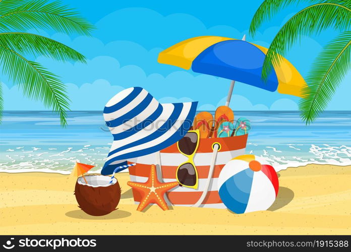 Summer accessories for the beach. Bag, sunglasses, flip flops, starfish, ball, Umbrella . Against the background of the sun the sea and palm trees. Vector illustration in flat style. Seascape, sea, beach, beach bag,