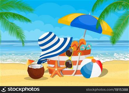 Summer accessories for the beach. Bag, sunglasses, flip flops, starfish, ball, Umbrella . Against the background of the sun the sea and palm trees. Vector illustration in flat style. Seascape, sea, beach, beach bag,
