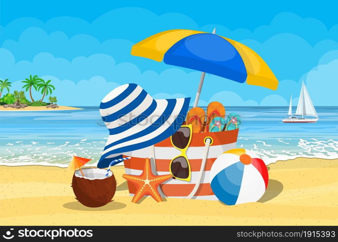 Summer accessories for the beach. Bag, sunglasses, flip flops, starfish, ball, Umbrella . Against the background of the sun the sea and palm trees. Vector illustration in flat style. Seascape, sea, beach, beach bag,