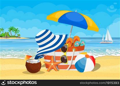 Summer accessories for the beach. Bag, sunglasses, flip flops, starfish, ball, Umbrella . Against the background of the sun the sea and palm trees. Vector illustration in flat style. Seascape, sea, beach, beach bag,