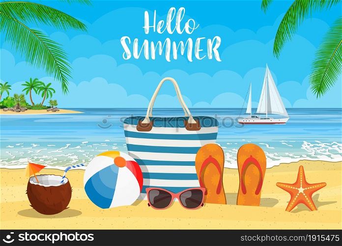 Summer accessories for the beach with yachts. Bag, sunglasses, flip flops, starfish, ball. Against the background of the sun the sea and palm trees. Vector illustration in flat style. Summer accessories for the beach.